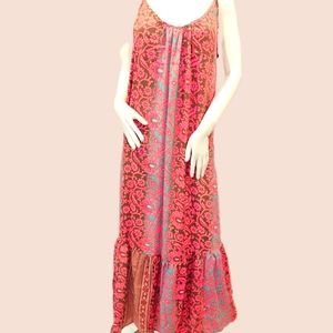 KARMA Hwy Teal Pink Shift Maxi Ruffle Hem Dress OS New